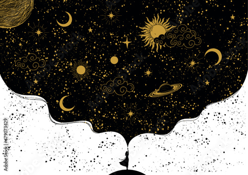 Woman touching space with hand, mystical universe poster, imagination, astrology. Zodiac banner with planets, stars and sun on a black background with golden planets. Flat vector illustration.