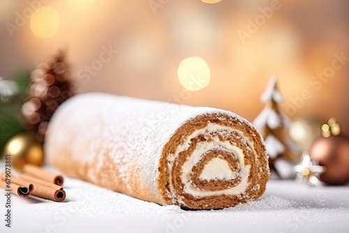 Traditional Christmas sponge roll, Buche de Noel. Against a background of blurry lights.