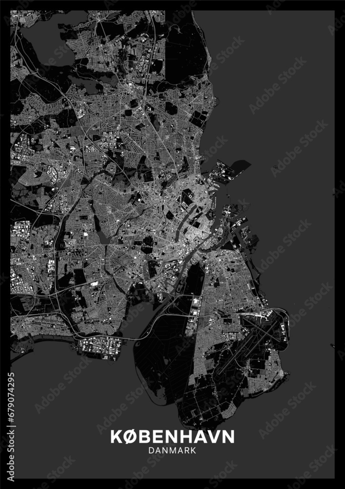 Copenhagen map. Detailed dark map poster of Copenhagen (Denmark ...