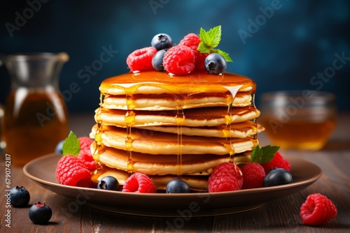 Stack of pancakes with syrup and berries