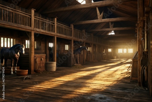 Wooden stable interior morning light. Hut indoor gate house rural. Generate Ai