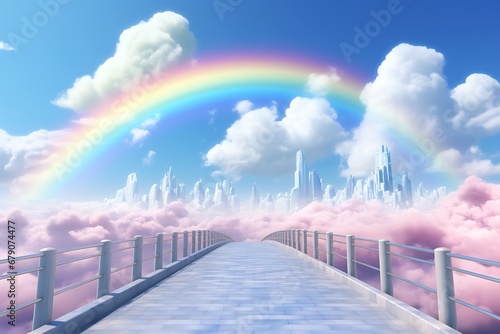rainbow over the clouds.. landscape with balloons and Rainbow in the background