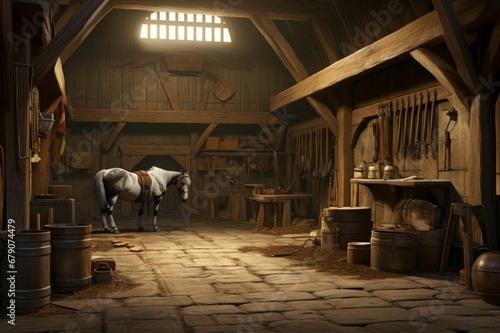 Wooden stable interior horse mammal. Rural ranch indoor inside gate. Generate Ai