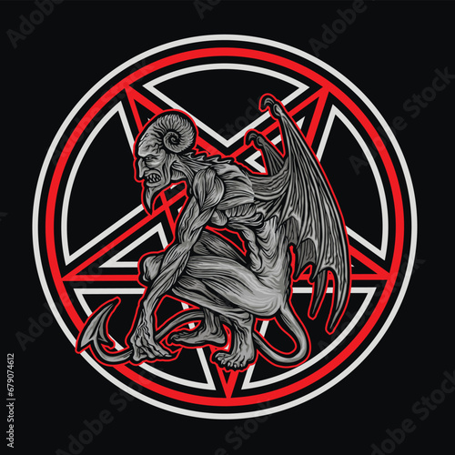 occultic sign with pentogram and demon, grunge vintage design t shirts