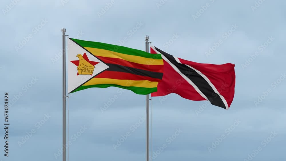 Trinidad and Tobago and Zimbabwe flag waving together on cloudy sky, endless seamless loop, two country cooperation concept Trinidad and Tobago and Zimbabwe flag waving together on cloudy sky, endless seamless loop, two country cooperation concept