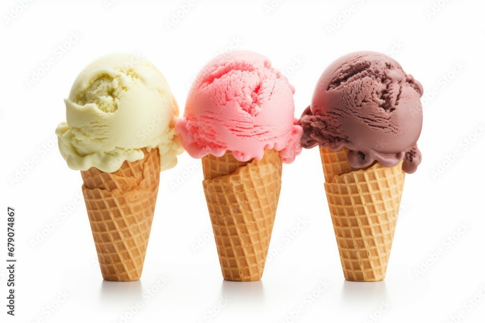 Ice cream flavors with cone on white background Ice cream flavors with cone on white background