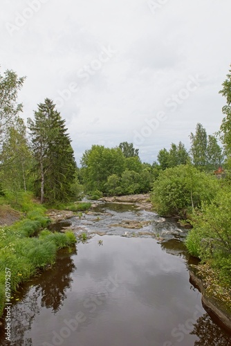 Landscape view of river Hirvihaaranjoki in cloudy summer weather  Hirvihaara  M  nts  l    Finland.
