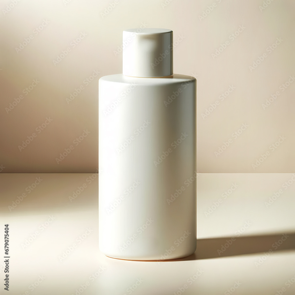 A white bottle of cosmetic product is displayed against a light beige background, generative ai A white bottle of cosmetic product is displayed against a light beige background, generative ai