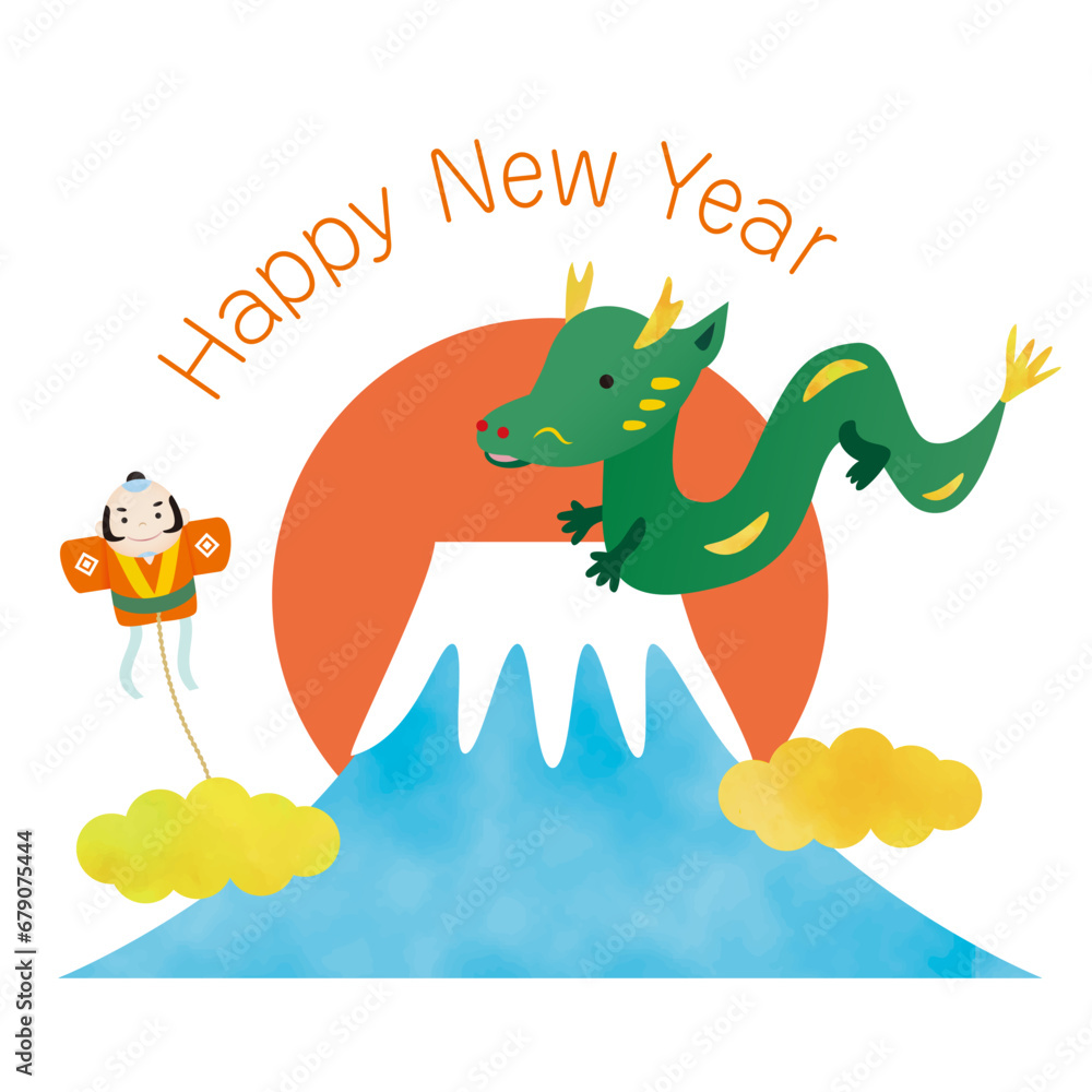 Obraz premium 富士山と初日の出と辰と奴凧の年賀状イラスト