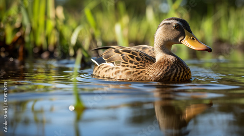 Wild variegated waterfowl duck on swamp water close