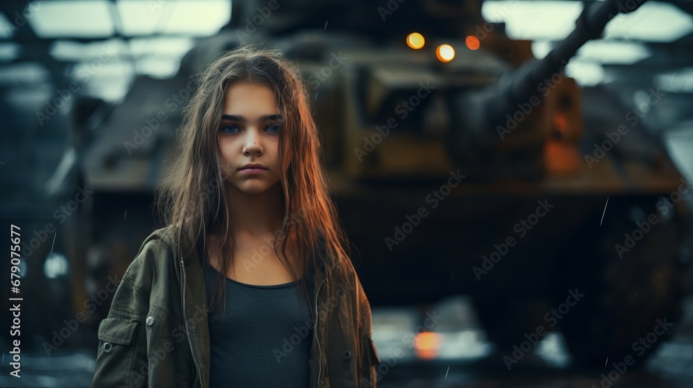 A young girl stands before the might of a giant battle tank