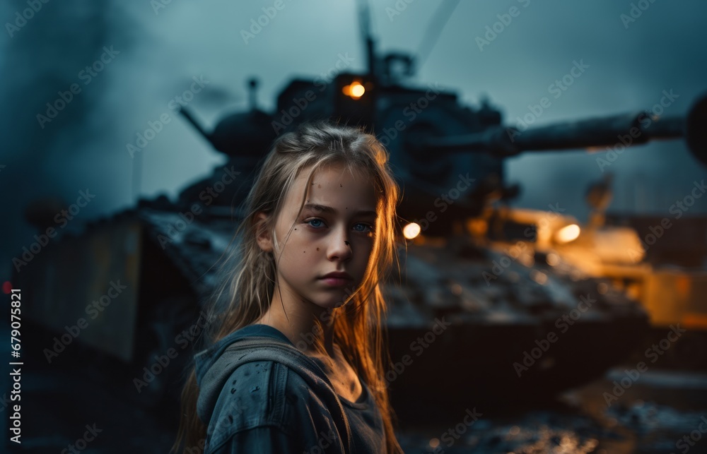 A young girl stands before the might of a giant battle tank A young girl stands before the might of a giant battle tank