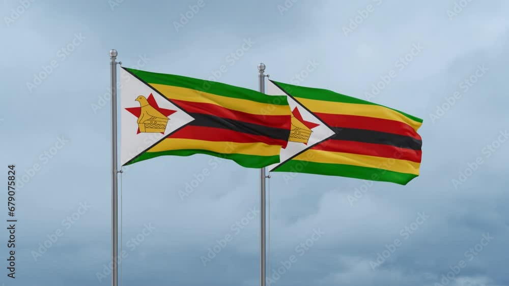 Two Zimbabwe flag waving together on cloudy sky, endless seamless loop, two country cooperation concept Two Zimbabwe flag waving together on cloudy sky, endless seamless loop, two country cooperation concept