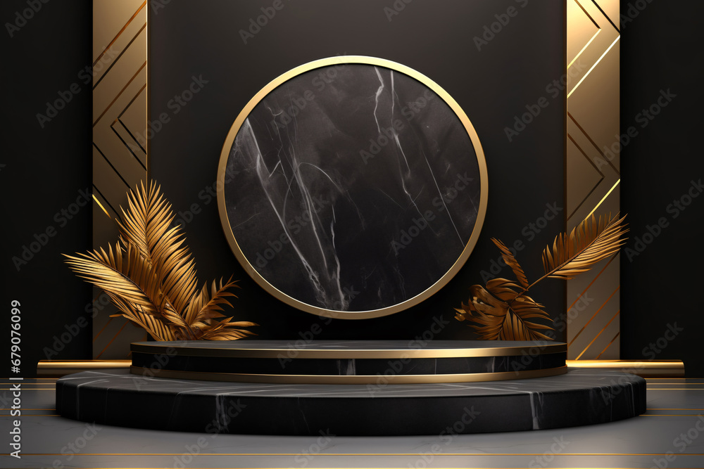 3D Realistic Black and Gold Marble Podium with Gold Leaves 3D Realistic Black and Gold Marble Podium with Gold Leaves