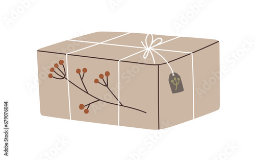 Christmas gift box in kraft paper, holiday wrapping in modern style. Present decorated with berry branch, tag, wrapped in eco recycled craft. Flat vector illustration isolated on white background