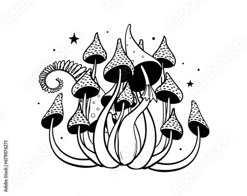 Modern Magical outline tattoo with poisonous witch mushrooms, fly agaric microdosing concept, mystical sticker isolated on white background. Vector line drawing, t-shirt print.