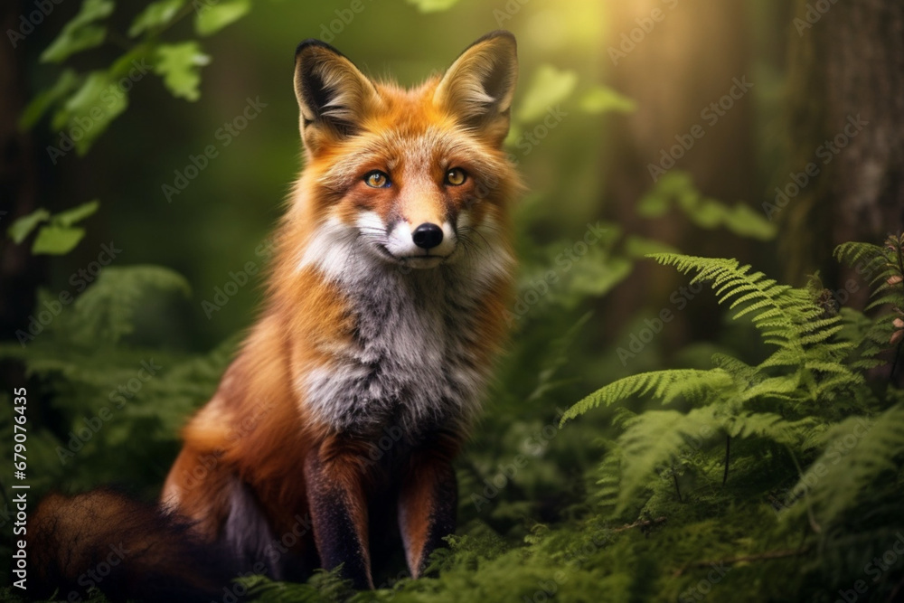 A fox in the forest. Fox on the background of trees and foliage generative A fox in the forest. Fox on the background of trees and foliage generative