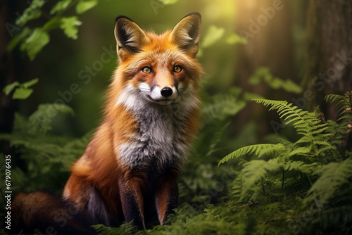 A fox in the forest. Fox on the background of trees and foliage generative 