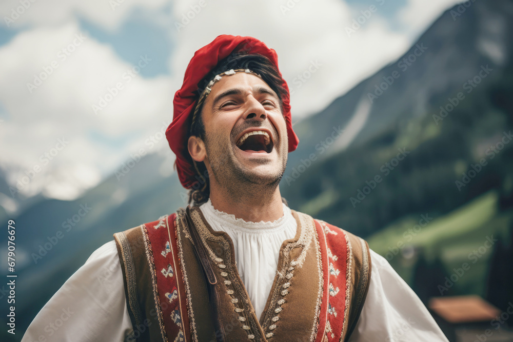 yodeler in Switzerland, donned in traditional attire and hat, showcasing a timeless and nostalgic musical tradition.
