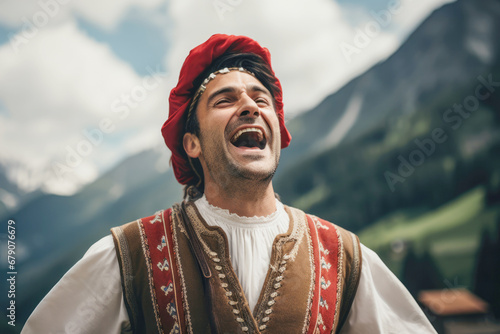 Obraz na płótnie yodeler in Switzerland, donned in traditional attire and hat, showcasing a timeless and nostalgic musical tradition. w salonie