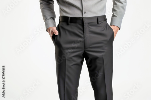 A young businessman in a formal shirt and modern pants, exuding professional elegance against a neutral background.