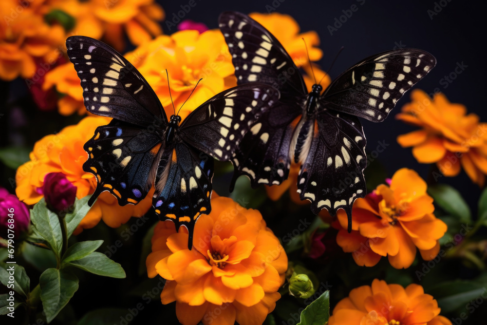 Two beautiful butterflies on flower close up