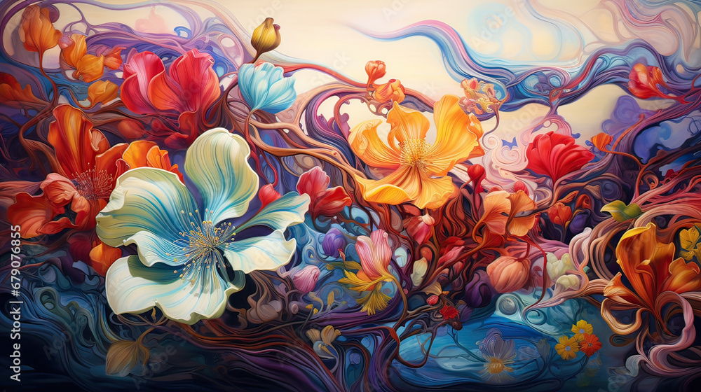Flowing floral landscape of color intertwining organically to spawn a vibrant spectacle AI generative