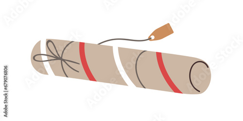 Gift in holiday wrapping. Present wrapped in striped paper with string and tag. Rolled package, surprise pack of cylinder shape, modern design. Flat vector illustration isolated on white background