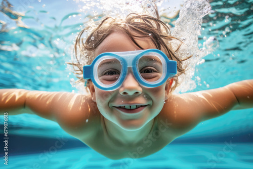 A single child in swimming goggles, relishing a fun and wet aquatic adventure.