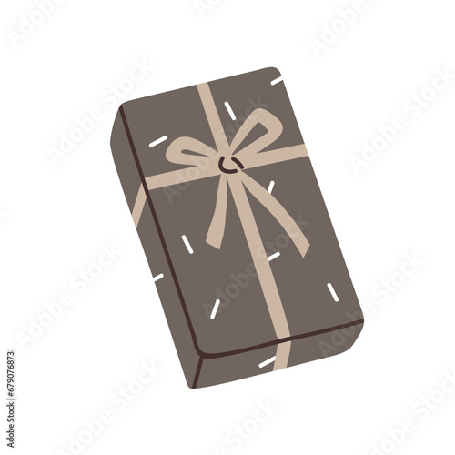 Holiday gift box packed in festive wrapping, decorated with ribbon bow. Birth...