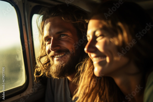 Happy smiling couple enjoying vacation together inside a camper van. Travel, vacation and freedom concept © pilipphoto