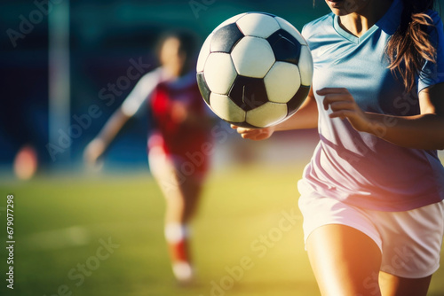 Female soccer player with ball close up © pilipphoto