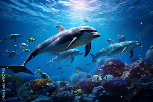 dolphin and shark. dolphin jumping out of the water. Marine life concept © George Designpro