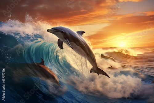 dolphin jumping out of the water. Marine life concept © George Designpro