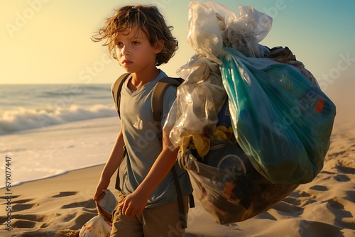 A responsible teen collecting trash at the beach. Sustainable tourism photo