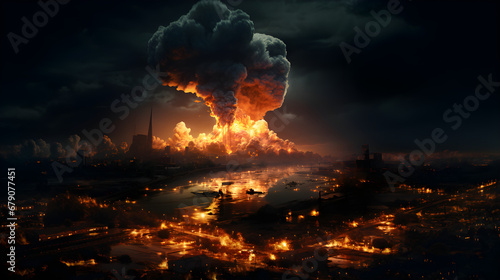 Atomic bomb explosion visualization depicting a third world war scenario, leading to a contaminated planet and human extinction, symbolizing apocalypse
