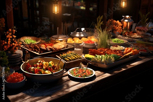 Feast of Plenty: Indulging in a Delicious Spread of Varied Delicacies, Culinary Extravaganza: A Tempting Feast Boasting an Array of Delectable Dishes, Banquet of Flavors: Enjoying a Sumptuous Spread w