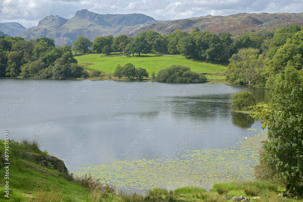 The small lake of Loughrigg Tarn beneath the Langdale Pikes in the Lake District
