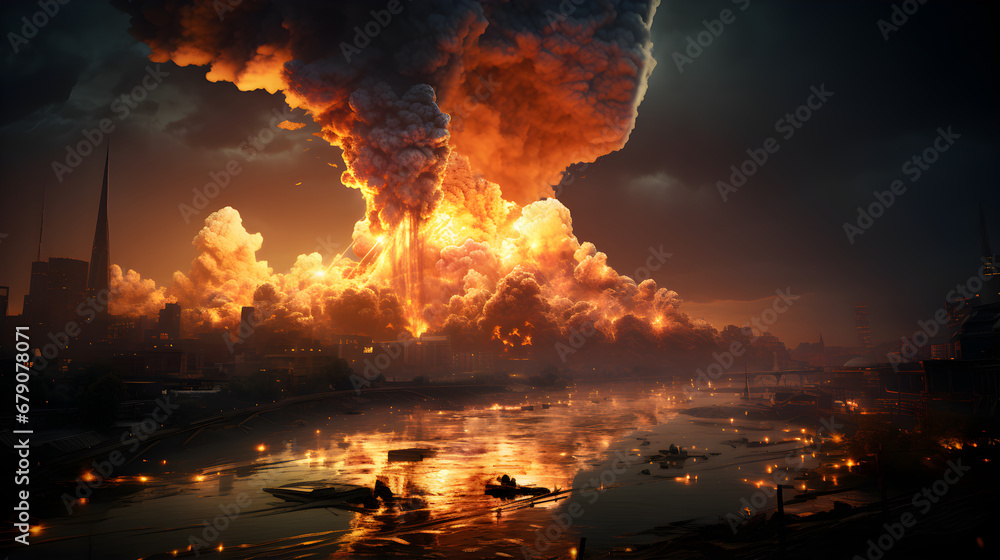 Atomic bomb explosion visualization depicting a third world war scenario, leading to a contaminated planet and human extinction, symbolizing apocalypse