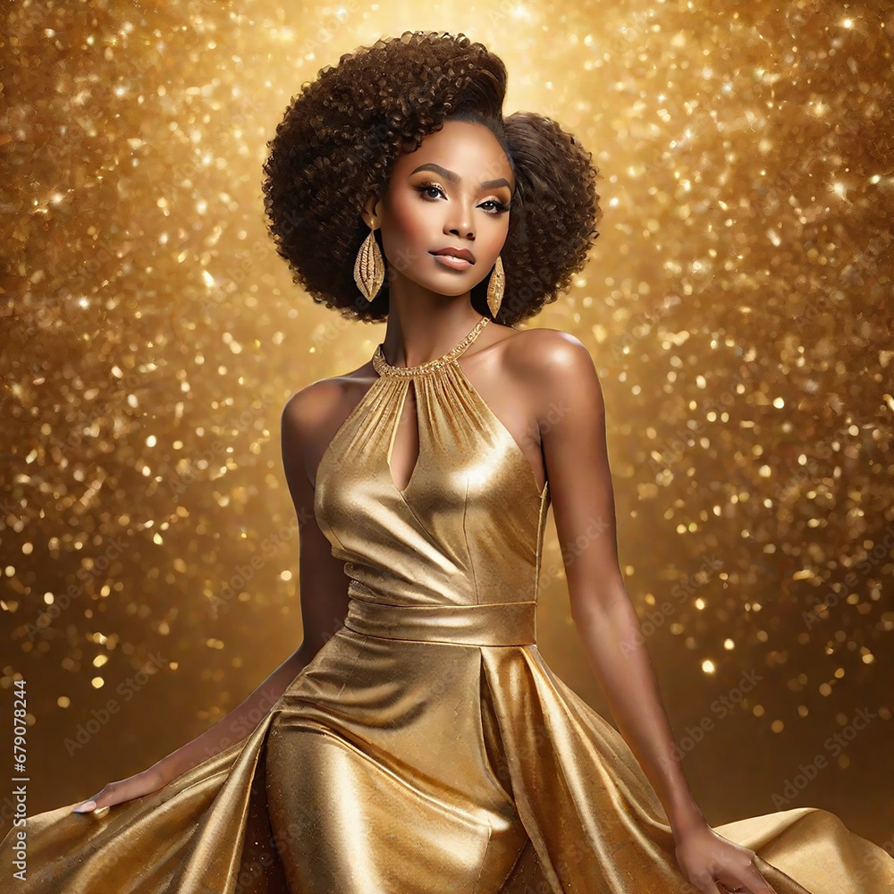 Fictitious AI Generated African American woman in gold on golden ...