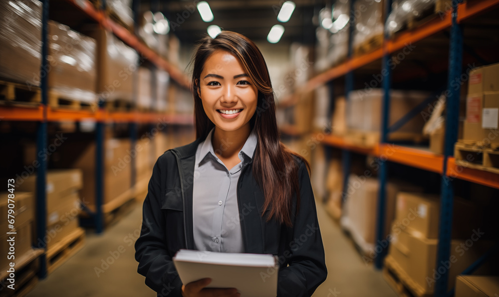 A candid portrait of a confident female manager. Intend to work in manager in a distribution center warehouse, The background is a distribution center warehouse atmosphere, Generative AI - obrazy, fototapety, plakaty 