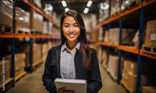 A candid portrait of a confident female manager. Intend to work in manager in a distribution center warehouse, The background is a distribution center warehouse atmosphere, Generative AI