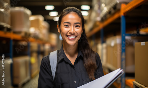 A candid portrait of a confident female manager. Intend to work in manager in a distribution center warehouse, The background is a distribution center warehouse atmosphere, Generative AI