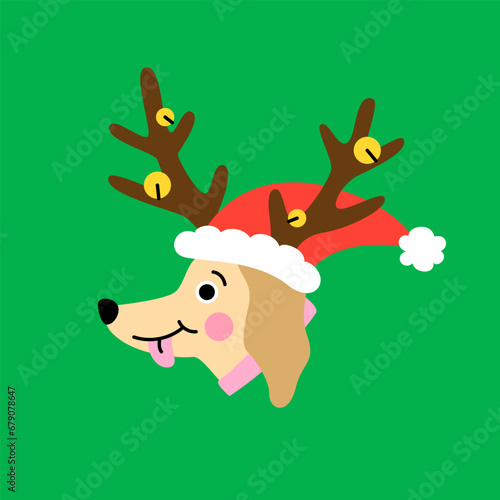 Cute cartoon golden retriever puppy with a red hat and reindeer horns. Hand drawn vector illustration. Funny Christmas dog character card template.
