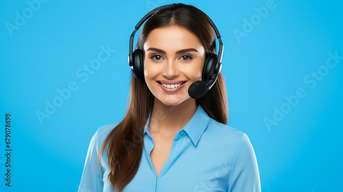 Portrait of attractive trendy cheerful girl help desk service showing copy space isolated over bright blue color background. Made with generative ai