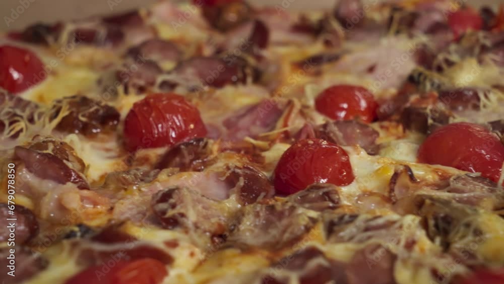 Close Up. Italian Cuisine. Deliciously Cooked Pizza With Cherry Tomatoes And Cheese Ingredients. Delicious Dish Sliced By Pizza Cutter Cooking Equipment. Cooking Delicious Pizza At Restaurant Close Up. Italian Cuisine. Deliciously Cooked Pizza With Cherry Tomatoes And Cheese Ingredients. Delicious Dish Sliced By Pizza Cutter Cooking Equipment. Cooking Delicious Pizza At Restaurant