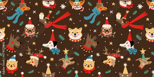 Seamless pattern with Cute cartoon dogs faces wearing different Christmas outfits.  Hand drawn vector illustration. Funny xmas background.
