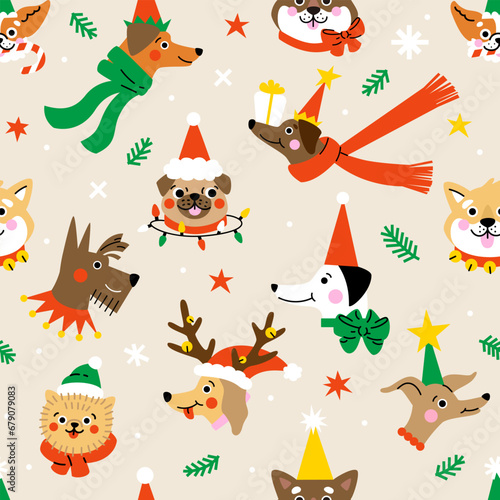 Canvas Print Seamless pattern with Cute cartoon dogs faces wearing different Christmas outfits