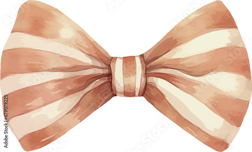 Satin red bow with white strips, watercolor vector illustration and christmas element. Template for gift decoration, greeting cards, invitation, wedding card, save the date, celebration