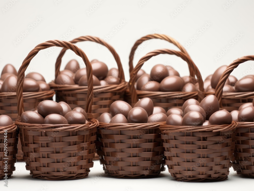 Brown baskets with chocolate eggs on a white background. Treats for children at Easter. Brown baskets with chocolate eggs on a white background. Treats for children at Easter.